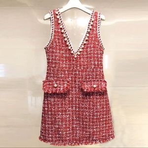High Quality Tweed Red Dress with Pearls